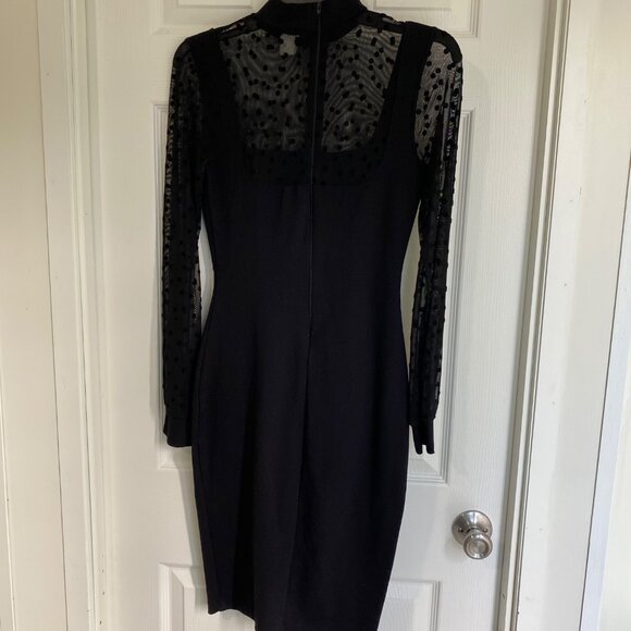 Sheer Polka Dot Long Sleeve Black Bodycon Dress With Mock Neck & Back Zip Closur - Picture 1 of 9